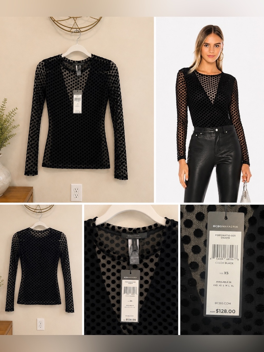 NWT BCBGMAXAZRIA Polka Dot Top in Black - Picture 2 of 6